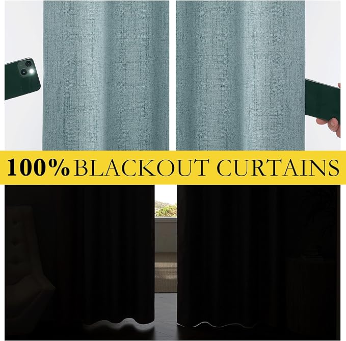 NICETOWN 100% Absolutely Blackout Linen Curtains with Thermal Insulated Liner, Skylark Blue, 52" Wide, 45" Length Energy Saving Curtains for Living Room 2 Panels Set, Vertical Blinds