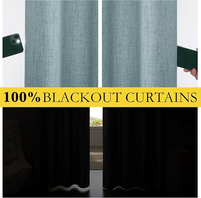 NICETOWN 100% Absolutely Blackout Linen Curtains with Thermal Insulated Liner, Skylark Blue, 62" Wide, 102" Length Energy Saving Curtains for Living Room 2 Panels Set, Vertical Blinds