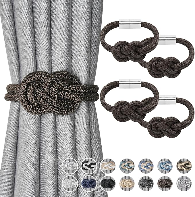 NICEEC 4 Pack Mini Magnetic Curtain Tiebacks Nordic Simple Style Drape Tie Backs Elegant Hand Weave Rope Knot Decorative Curtain Holdbacks for Home & Office Thin Window Drapery (Coffee)