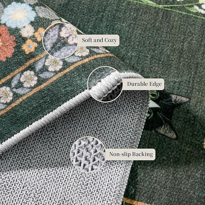 2x10 Washable Hallway Runner Rug - Soft Low Pile Floral Animal Cat Print Rugs with Non-Slip Backing Waterproof Stain-Resistant Indoor Carpet for Kitchen Entryway Bathroom Bedroom (Sage Green)