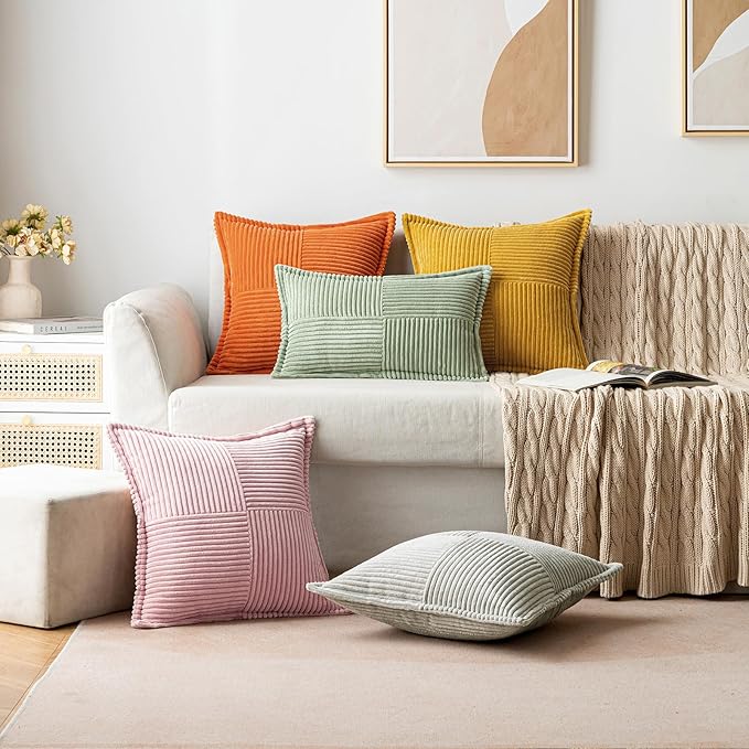 MIULEE Spring Decorative Throw Pillow Covers for Couch Bed Livingroom 16x16 Inch Set of 2 Pink Boho Accent Throw Pllows Broadside Striped Patchwork Soft Corduroy Pillowcases Valentine Decor