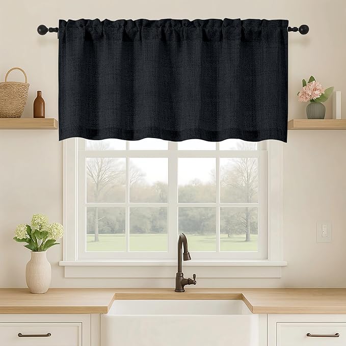 OVZME Black Valance for Windows, Light Filtering Faux Linen Textured Small Kitchen Valances for Windows, Dual Rod Pocket Farmhouse Short Curtain for Bathroom Basement, 60Wx22L inch, 1 Piece