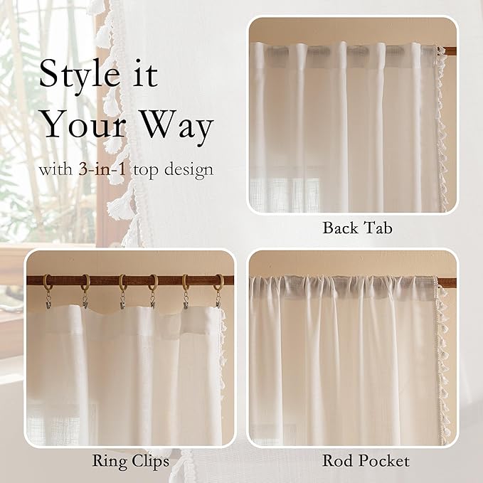 MYSKY HOME Semi Sheer Light Filtering White Bohemian Curtains for Sliding Door 96 Inches Long，Back Tab Ceiling Curtains with Tassel for Living Room Bedroom, 50" x 96"，Pure White，2 Pieces
