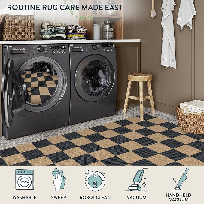 Lahome Colette Checkered Easy Jute Rug, 9x12 Area Rug for Living Room Indoor Outdoor Carpet, Farmhouse Neutral Non Slip Non Shedding Stain Resistance Floor Carpet for Patio Dining Room Backyard