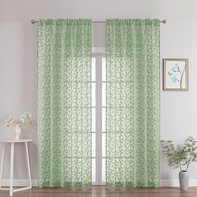 Chyhomenyc Sage Green Sheer Curtains 90 Inch Length 2 Panels Set, Light Filtering Tufted Textured Soft Airy Rod Pocket Gentle Leaf Window Treatment Drapes for Bedroom Living Room, 52" Wx90 L, 2PCS