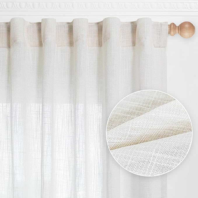 MYSKY HOME Extra Long Curtains for Living Room, Soft Cotton Fabric Boho Window Curtain Drapes Light Filtering Semi Sheer Backdrop Panels, Beige White, 50 x 108 Inches, 2 Pieces