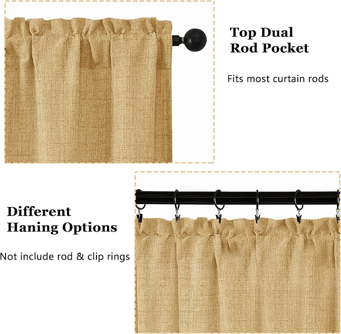 OWENIE Gold Valances for Windows 1 Pcs, Light Filtering Textured Farmhouse Short Small Valance Curtains for Bathroom Basement Living Room Bedroom, Rod Pocket Half Curtains Over Sink, 52Wx14L Inch