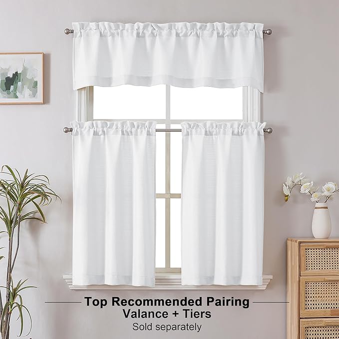Chyhomenyc White Short Curtain Valance for Windows, Faux Linen Textured Half Window Curtains, Burlap Solid Topper Small Curtain Valance for Bathroom Laundry Basement, 60Wx24L Inch, 1 Piece