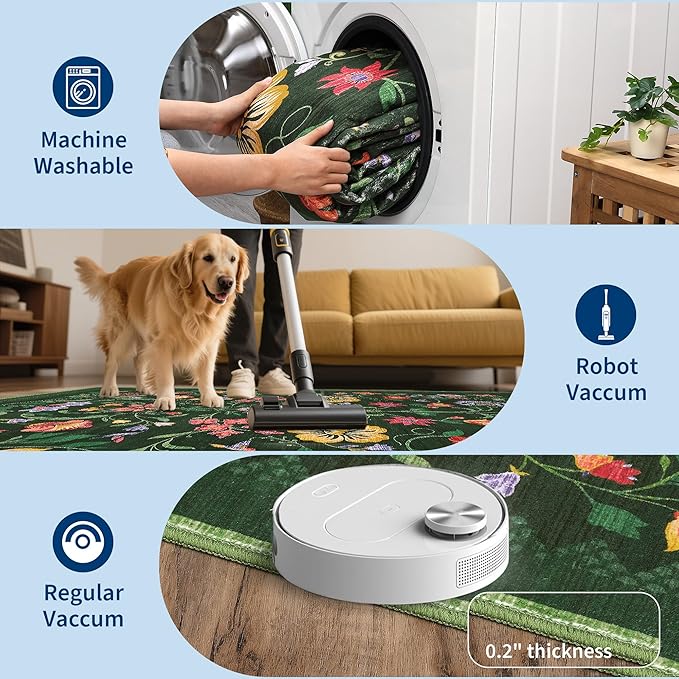 GarveeHome Washable Rug 4x6 Area Rugs for Living Room, Floral Rug for Bedroom, Soft Boho Non Slip Throw Rugs with Rubber Back, Low Pile Stain Resistant Vintage Floral Carpet for Dining Room, Green