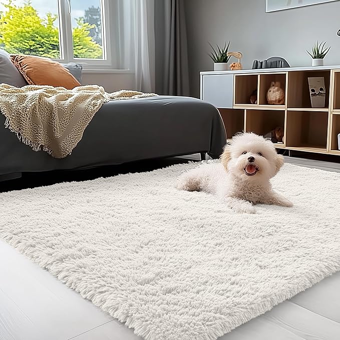OLANLY 4x9 Area Rugs for Living Room Bedroom, Machine Washable Soft Fluffy Shaggy Bedside Rug, Indoor Floor Carpet for Kids Girls and Boys, Dorms, Nursery Rooms, Home Decor Aesthetic, Ivory