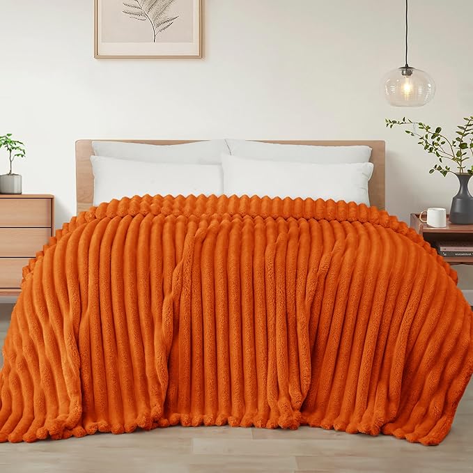 Exclusivo Mezcla King Size Flannel Fleece Blanket, Super Soft Striped Jacquard Bed Blanket, Lightweight Fuzzy Cozy for All Seasons, 90x104 Inches, Burnt Orange