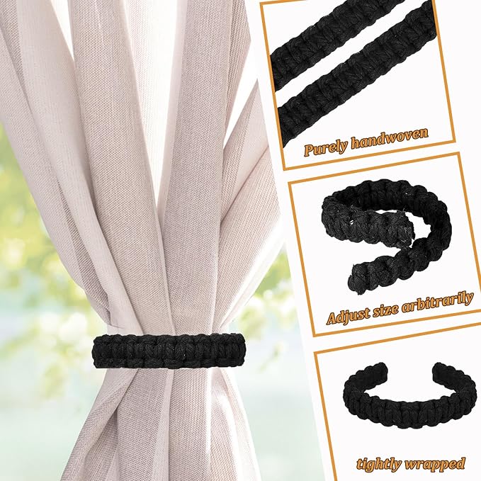 Ptwola 2 Pack Braided Curtain Tiebacks Boho Elegant Rustic Curtain Holdbacks Tie Backs Holders Set Simple Light Weight Drapes Decorative Accessories Handmade for Home Office Bedroom Window (2, Black)