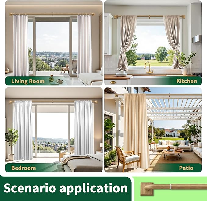 Boho Wood Grain Curtain Rods for Windows 66-120Inch(5.5-10ft) Heavy Duty Wrap Around Blackout Curtain Rods, Adjustable Room Darkening Drapery Rod for Bedroom, Living Room & Outdoor, Stainless Steel