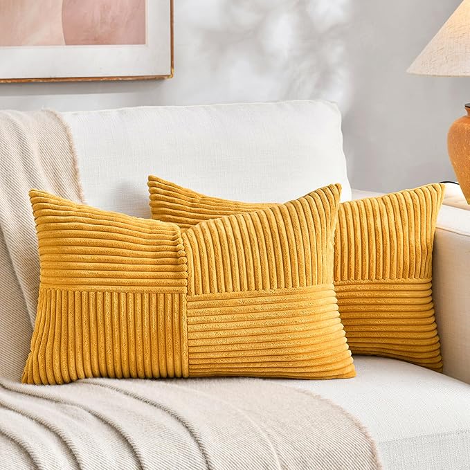 Fancy Homi 2 Packs Gold Yellow Lumbar Decorative Throw Pillow Covers 12x24 Inch for Couch Bed Sofa, Rustic Farmhouse Boho Spring Home Decor, Soft Striped Corduroy Rectangle Accent Cushion Case 30x60cm