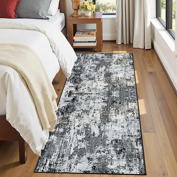 Washable Area Rugs 2'x6' Non-Slip Modern Abstract Soft for Living Room Entryway Bedroom Nursery, Print Pattern, Black Navy Blue Gray