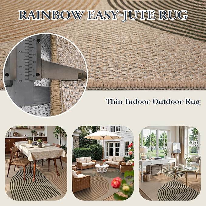 Lahome Enfys Modern Rainbow Outdoor Easy Jute Rug, Area Rugs 9x12 Living Room Patio Rug Large Farmhouse Indoor Outdoor Rugs, Contemporary Non Slip Dining Room Rugs for Under Table Sunroom