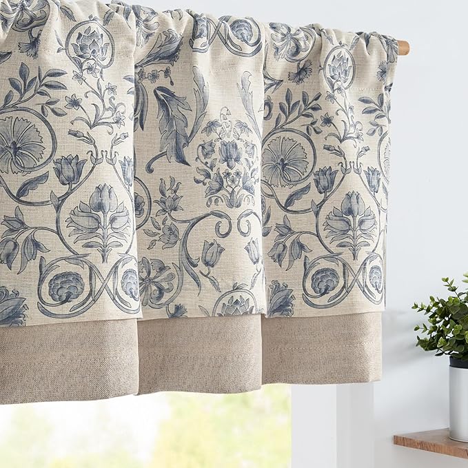 jinchan Linen Valance Kitchen Curtain for Windows Double Layer 18 Inch for Living Room Bedroom Window Treatment Light Filtering Vintage Rustic Farmhouse Cottagecore Rod Pocket 1 Panel Blue on Beige