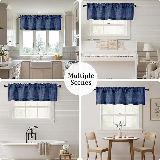 OWENIE Navy Blue Valances for Windows 1 Pcs, Light Filtering Textured Farmhouse Short Small Valance Curtains for Bathroom Basement Living Room Bedroom, Rod Pocket Half Curtains Over Sink, 52Wx14L Inch