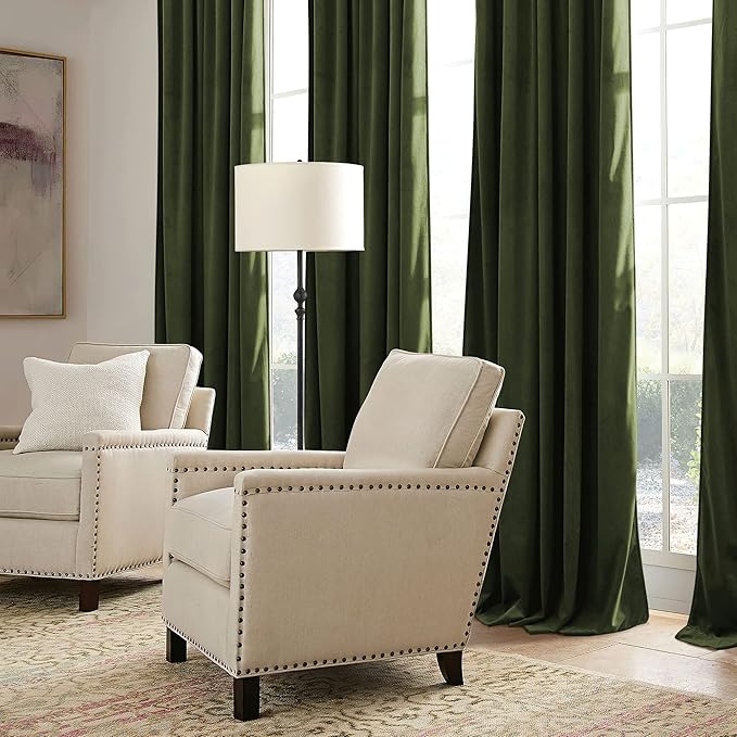 RYB HOME Green Velvet Curtains 108 inch, Solid Room Darkening Window Curtains for Living Room Light & Draft Block Privacy Backdrop with Pleat Tape Pocket& Tabs, Olive Green, W52 x L108 inch, 2 Panels