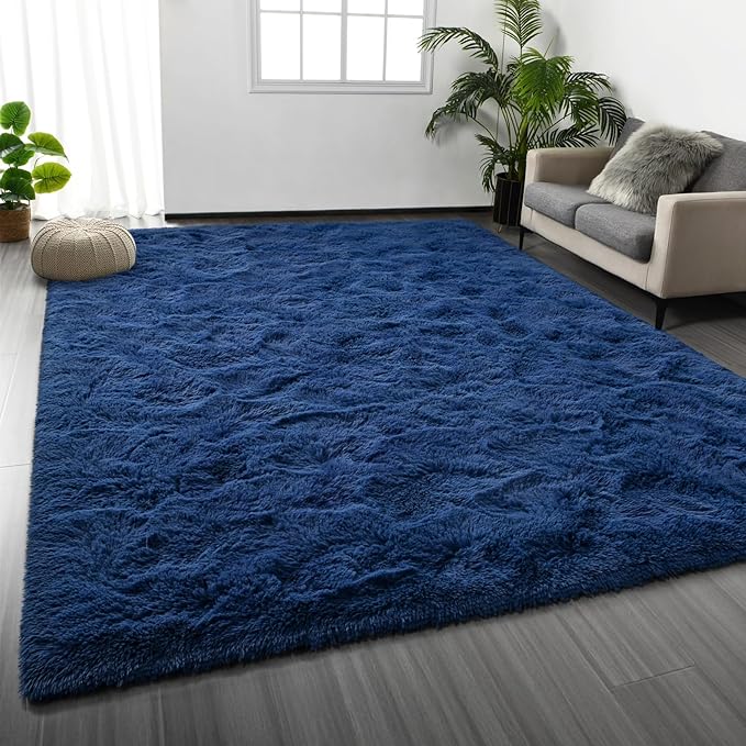 Deerhoo Large Shag Area Rugs 5 x 8, Plush Fuzzy Rugs for Living Room, Ultra Soft Fluffy Furry Rug for Bedroom, Indoor Carpet Nursery Rugs for Kids Room Home Decor, Navy Blue