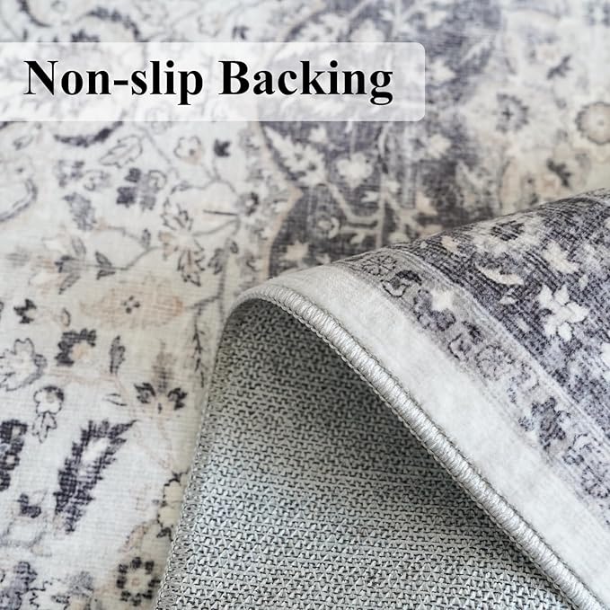 Hallway Washable Runner Rug - 2'6x12 Kitchen Rugs Entryway Rug Runner Vintage Soft Floor Mat Non Slip Indoor Farmhouse Carpet for Bathroom Living Room Bedroom (2'6''x12', Grey)