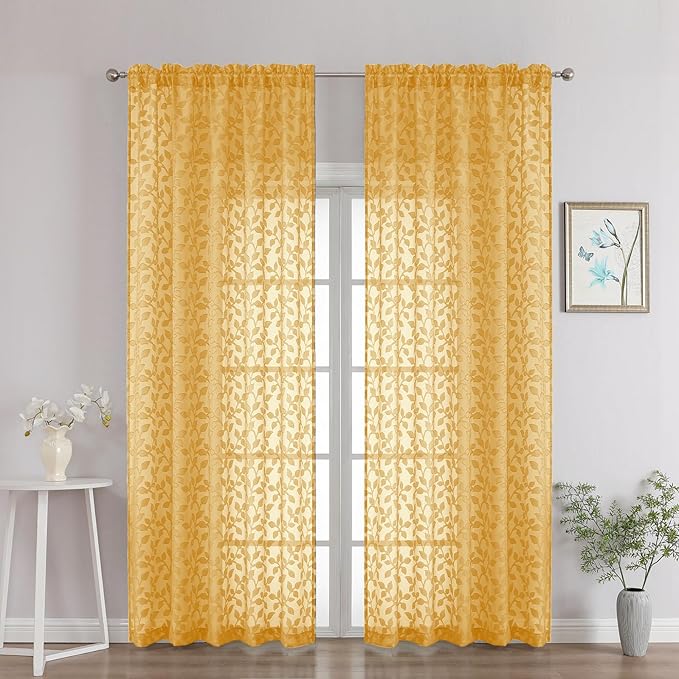 Chyhomenyc Gold Sheer Curtains 90 Inch Length 2 Panels Set, Light Filtering Tufted Textured Soft Airy Rod Pocket Gentle Leaf Window Treatment Drapes for Bedroom Living Room, 52" Wx90 L, 2PCS