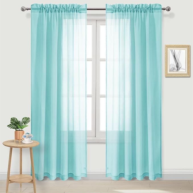 DWCN Aqua Sheer Curtains Semi Transparent Voile Rod Pocket Curtains for Bedroom and Living Room, 52 x 84 inches Long, Set of 2 Panels