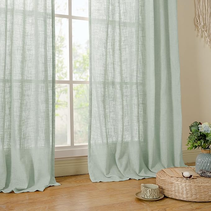 LAMIT Sheer Linen Curtains 63 inches Long for Bedroom, Bronze Grommet Linen Drapes Light Filtering Semi Sheer Curtains for Small Window/Farmhouse, 2 Panels (52 x 63 Inch, Light Sage)