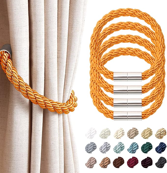 NICEEC 4 Pack Strong Magnetic Curtain Tiebacks Modern Simple Style Drape Tie Backs Convenient Decorative Weave Rope Curtain Holdbacks for Thin or Thick Home & Office Window Draperies (Orange)