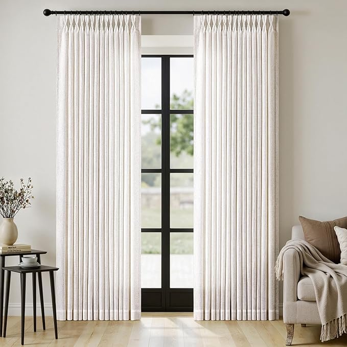 MIULEE Extra Wide 60 Inch Width Pinch Pleated Thick Linen Curtains 96 Inches Long 2 Panels for Patio Sliding Glass Door Living Room Bedroom Large Windows, Memory Trained Nautral Drapes Hooks&Rings