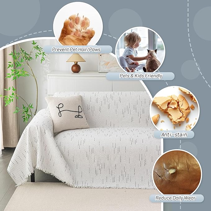 MYSKY HOME Couch Covers for 2 Cushion Couch Sectional Sofa, L Shape Sofa Protector White Chenille Couch Cover, Sofa Covers Washable Blanket with Tassel Pet Couch Cushion Cover, 71"X102"