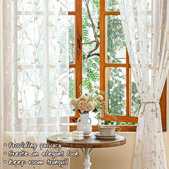 AmHoo 2 Panels Embroidered Leaf Pattern Semi Sheer Curtains Foliage Floral Voile Window Draperies Treatment for Bedroom Living Room Rod Pocket White Beige 53 x 95 Inch