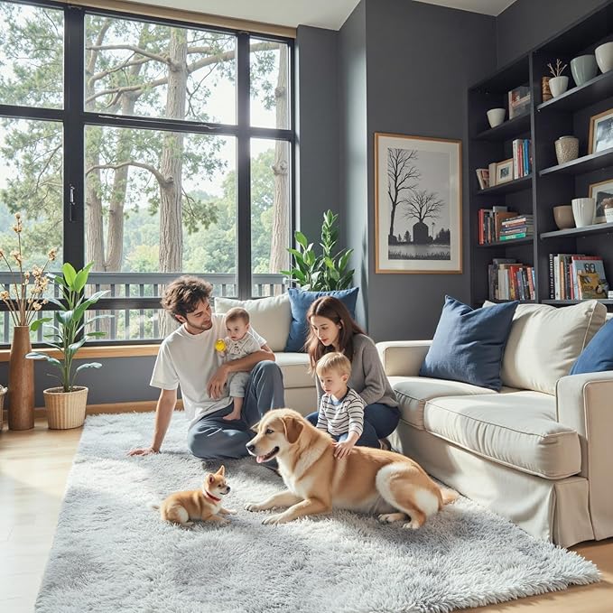 Area Rugs 10x14 Living Room, Shaggy Carpet Soft Plush Furry Bedside Rug Large Area Rugs for Bedroom Kids Girls Boys Home Decor Anti Slip(10 x 14, Light Grey Tie-Dyed)