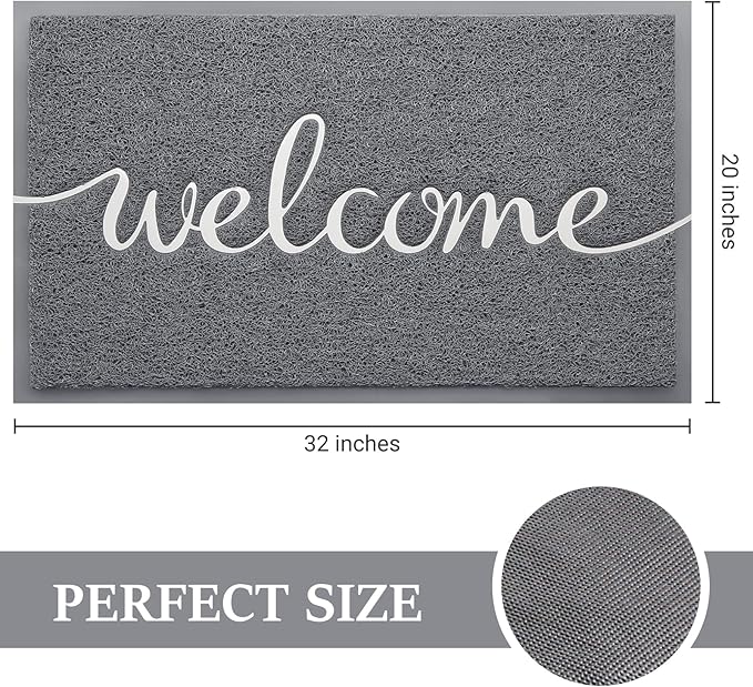 BeneathYourFeet Door Mat, Welcome Mat Low Profile Floor Mat Front Doormat Indoor and Outdoor Doormat Non Slip Rugs for Entryway, Patio, High Traffic Areas (32"x20", Grey-Welcome)