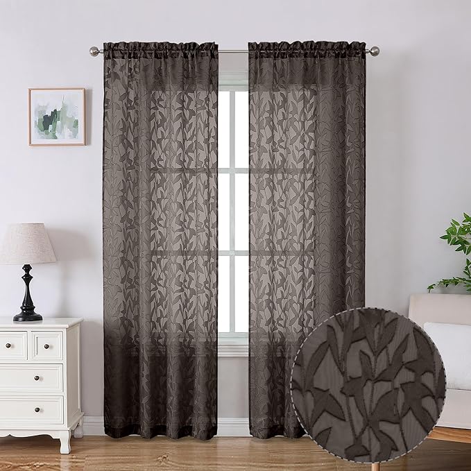 Lecloud Leia Chocolate Brown Sheer Curtains 84 Inches Long 2 Panels, Jacquard Leaves Texture Double Rod Pockets Semi Sheer Window Curtains, Airy Gauzy Drapes for Bedroom, 38 x 84 Inch
