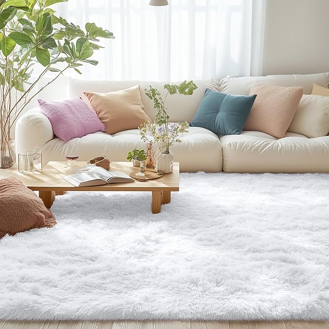 OLANLY 8x10 Machine Washable Large Area Rugs for Living Room, Bedroom, Soft Fluffy Shaggy Bedside Rug, Indoor Floor Carpet for Kids Girls and Boys, Dorms, Nursery, Home Decor Aesthetic, White