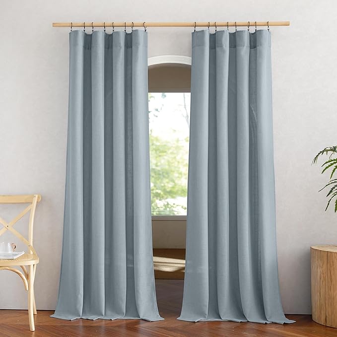 NICETOWN Linen Blend Mist Blue Curtains for Living Room, Rod Pocket & Back Tab Flax Burlap Window Treatments Semi Sheer Privacy with Light Filtering Drapes for Bedroom, W52 x L84, 2 Panels