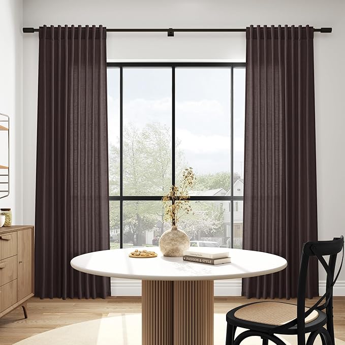 Extra Long Curtain Cocoa Coffee Morden Linen Blend Light Filtering Back Tab Curtains for Long Winodws 120 Inches Length, Semi Sheer Privacy Drapes for Living Room, 52x120 inch, 2 Panels