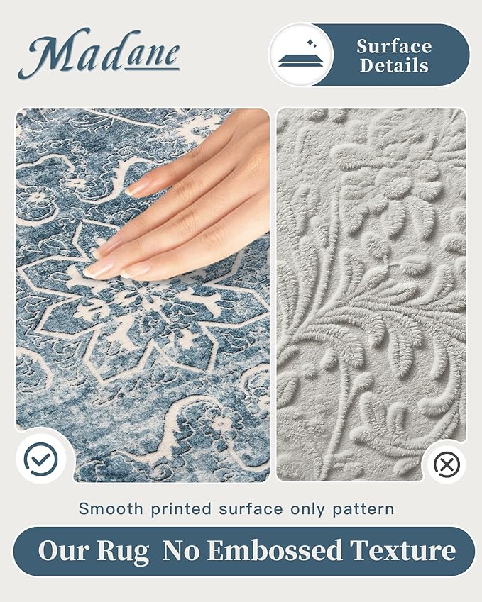 Madane Washable 6x9 Area Rugs for Living Room, Vintage Rug with Non-Slip Backing, Soft Stain Resistant Throw Rugs Thin Carpet for Bedroom Dining Room Farmhouse (6 x 9, Cadet Blue)