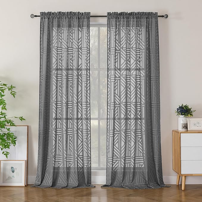 Simplebrand Semi Sheer Charcoal Grey Curtains 90 Inches Long 2 Panels, Light Filtering Geometric Jacquard Clip Textured Sheer Curtains for Living Roon，Modern Elegant Window Curtains Drapes，52x90 inch