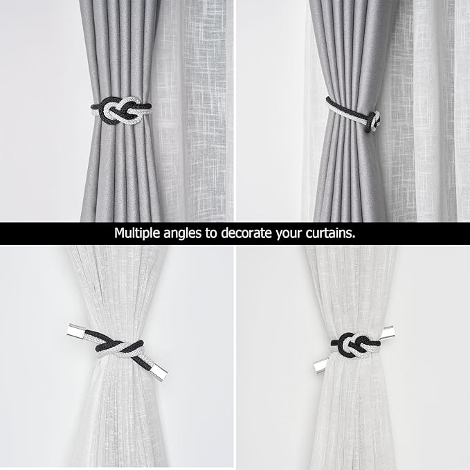 NICEEC 2 Pack Mini Magnetic Curtain Tiebacks Nordic Simple Style Drape Tie Backs Elegant Hand Weave Rope Knot Decorative Curtain Holdbacks for Home & Office Thin Window Drapery (Black & White)