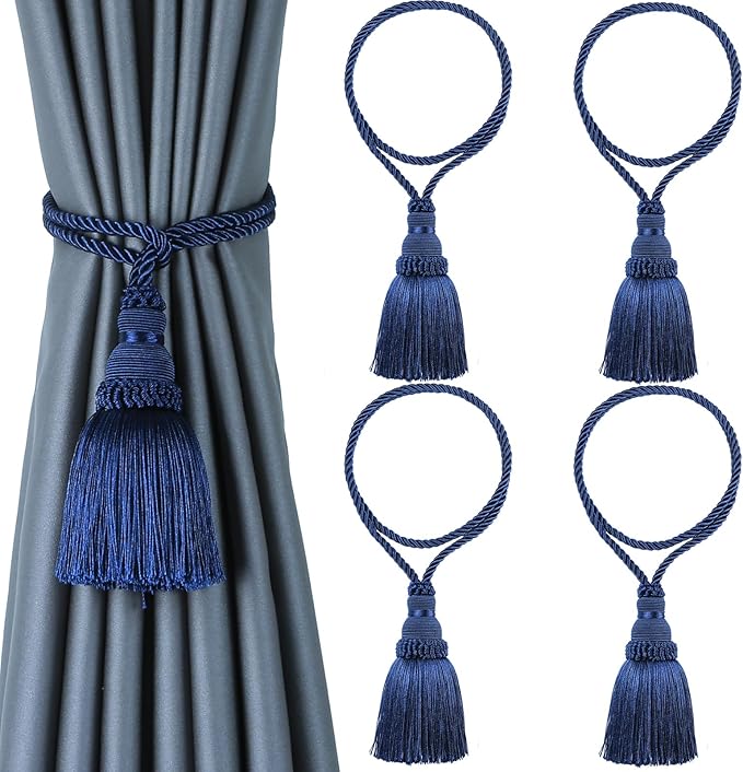 Fenghuangwu 4 Pack Curtain Tie Backs Rope Tassels for Curtains Drape tiebacks Handmade Outdoor Home and Outdoor Decorative (Navy, 4p)