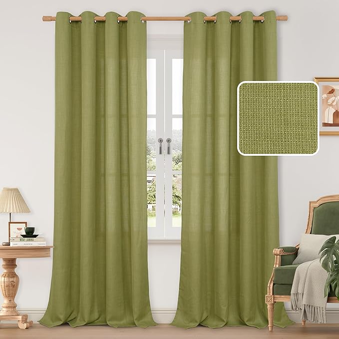 LAMIT Moss Green Linen Curtains for Living Room 84 Inch Long, Grommet Light Filtering Bedroom Spring Curtains Privacy Window Panels for Farmhouse, 2 Panels, 52 x 84 Inch