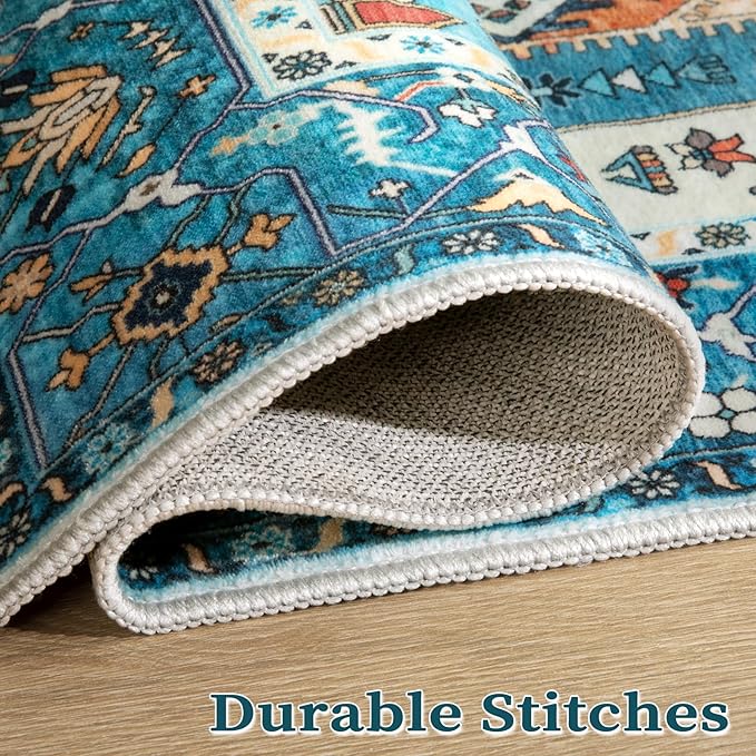 SERISSA Area Rug 3x5 Boho Blue Rugs for Bedroom, Washable Non-Slip Kitchen Rugs, Ultra Soft Print Distressed Tribal Entry Rug Low-Pile Throw Rug Carpet for Bedroom Nursery Living Room Dorm Decor