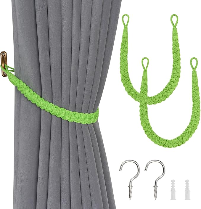 NICEEC 2 Pack Natural Cotton Rope Curtain Tiebacks Elegant Boho Style Decorative Drape Tie Backs Soft Hand-Woven Rope Curtain Holdbacks with Metal Hook for Home & Office Drapery (Tender Green)