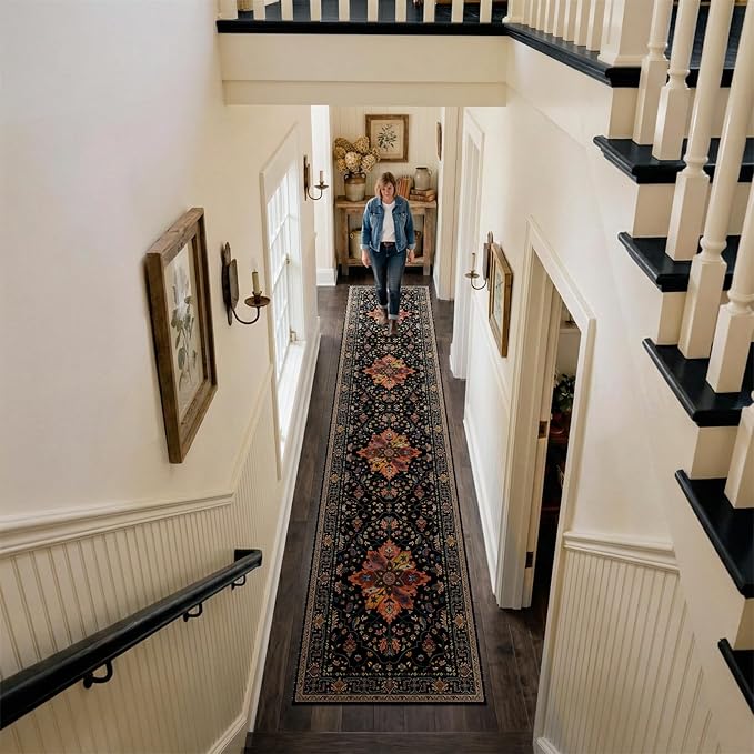 RELEANY Area Rugs 3'x12' Runner Rug Non Slip Washable for Kitchen Hallway Bedroom Beside Laundry Room Bathroom Rug, Floor Carpet, Black Colorful Floral Dark Tan
