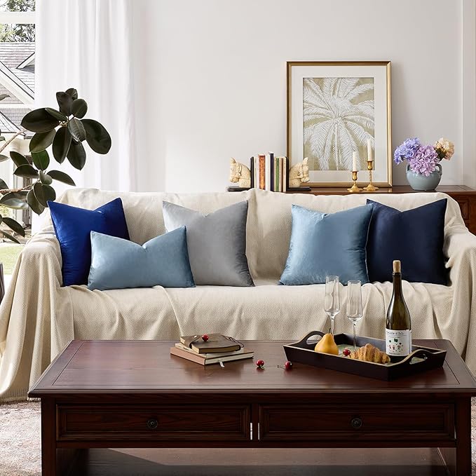 GIGIZAZA Decorative Throw Pillow Covers 24 x 24,Set of 2 Sofa Cushion Stone Blue Pillow Covers,Velvet Pillow Square Cushion Covers