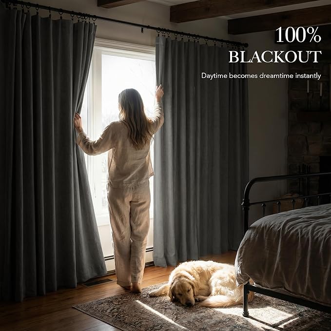 RYB HOME 100% Blackout Linen Textured Curtains 96 inches Long, Thermal Insulating Privacy Energy Saving for Bedroom Living Room Window Office Theater Baby Nursery, W 52 x L 96 in, Grey, 2 Panels