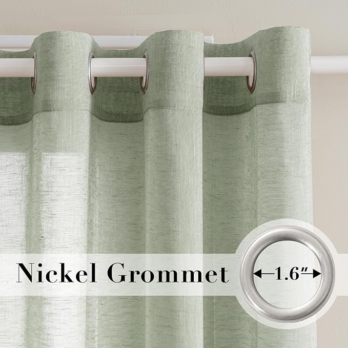 H.VERSAILTEX Linen Curtains Natural Linen Blended Curtain Panels for Living Room/Light Reducing Linen Semi Sheer Curtains 63 inch Length 2 Panels Set Nickel Grommet Window Panels, Sage