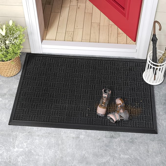 Mibao Front Door Mat Indoor Outdoor Entrance, Dirt Trapping Waterproof All-Season, All-Weather Doormat, Non-Slip Durable Natural Rubber Low Profile Easy Clean Patio Entrance Mat, 29.5" x 17", Black
